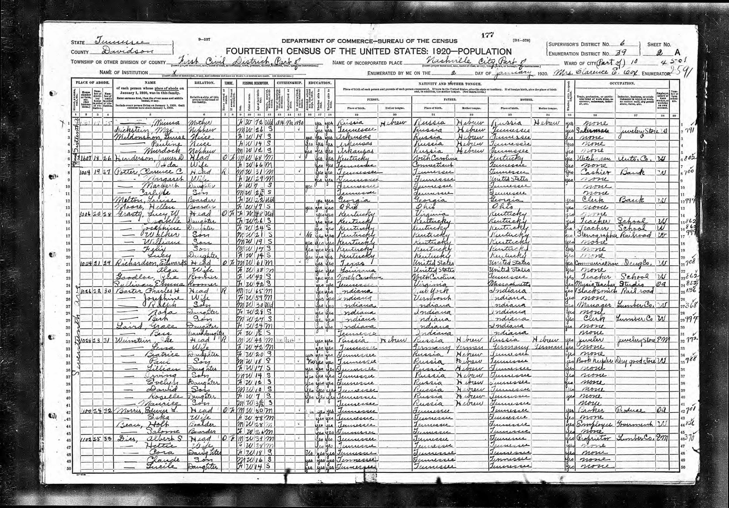 1920 census sheet showing Holt Bean enumerated as a boarder
