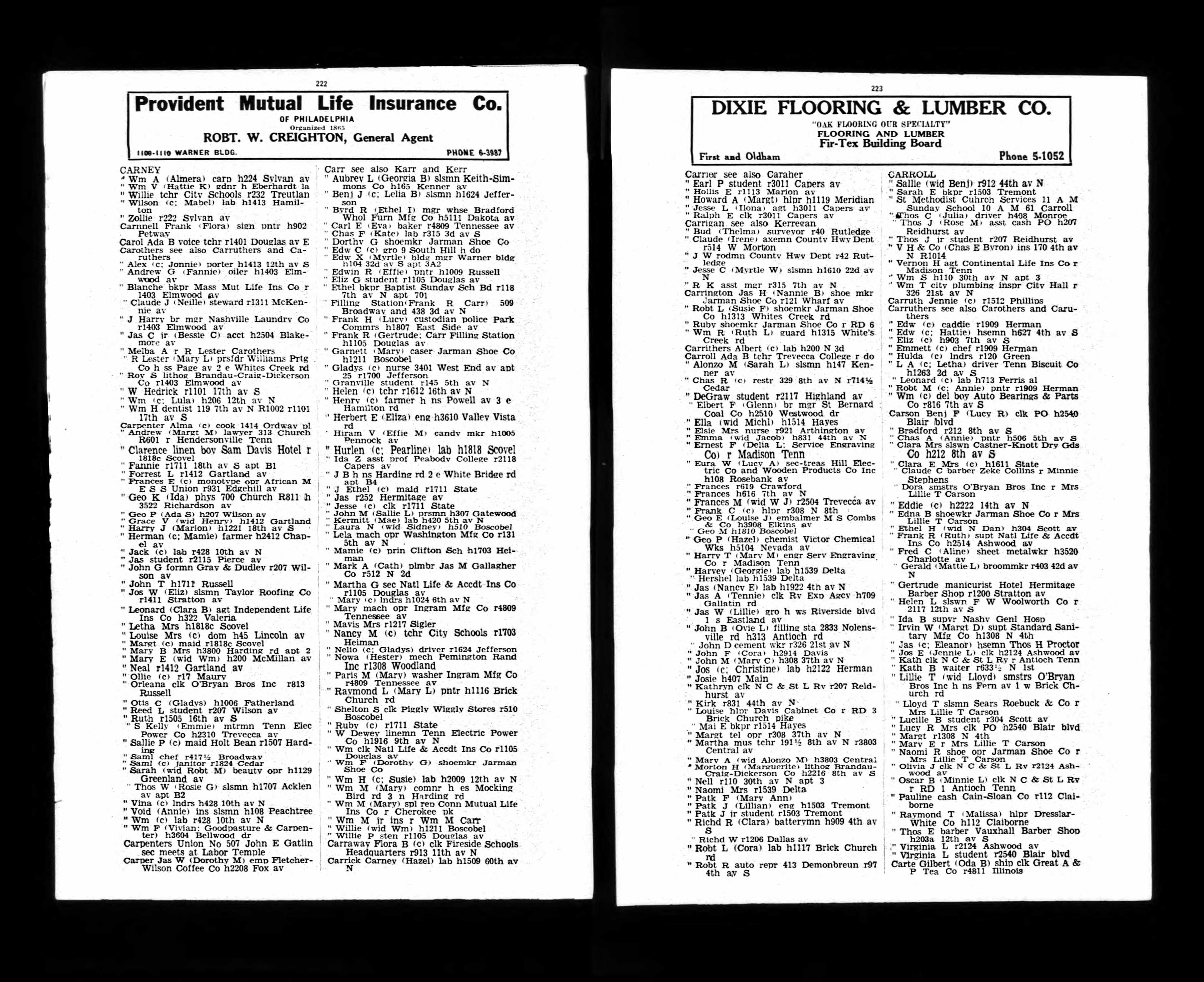 Nashville City Directory 1933 entry for Sallie P. Carpenter.