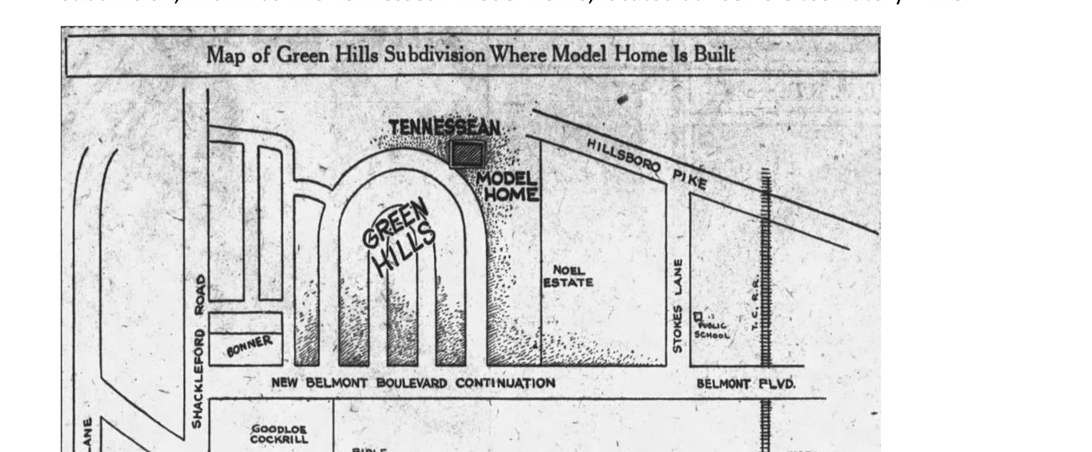 The Tennessean's 1927 promotional sketch map of Green Hills, with the model home marked at the bend of a horseshoe loop and no lot numbers.